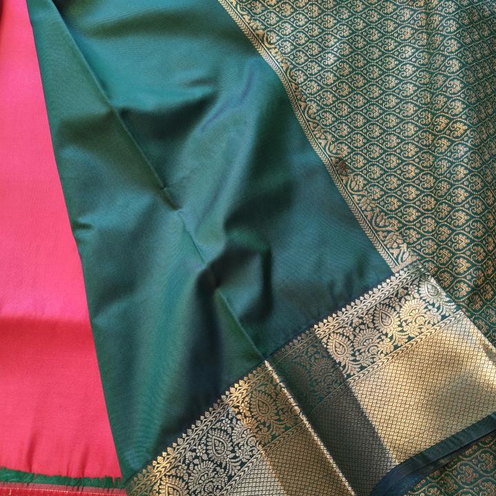 Semi Silk Saree in Bright Red with Gold Geometric Checks & Contrast Emerald Green Zari Border