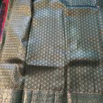 Semi Silk Saree in Bright Red with Gold Geometric Checks & Contrast Emerald Green Zari Border
