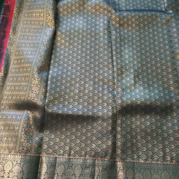 Semi Silk Saree in Bright Red with Gold Geometric Checks & Contrast Emerald Green Zari Border