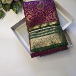 Semi Silk Saree in Royal Purple with Gold Zari Floral Brocade & Contrast Bottle Green Border