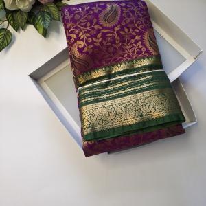 Semi Silk Saree in Royal Purple with Gold Zari Floral Brocade & Contrast Bottle Green Border