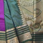 Semi Silk Saree in Royal Purple with Gold Zari Floral Brocade & Contrast Bottle Green Border
