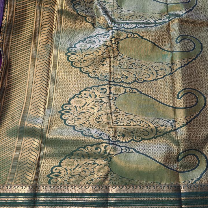 Semi Silk Saree in Royal Purple with Gold Zari Floral Brocade & Contrast Bottle Green Border
