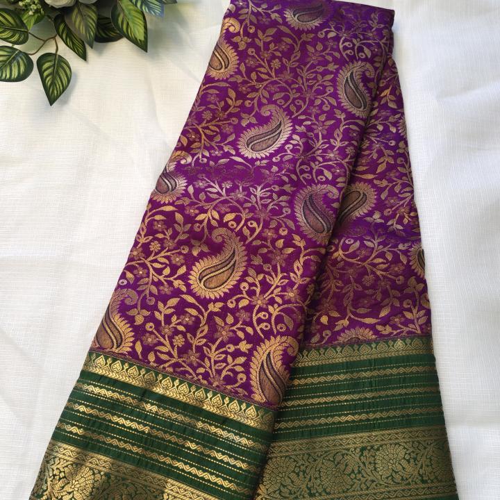 Semi Silk Saree in Royal Purple with Gold Zari Floral Brocade & Contrast Bottle Green Border