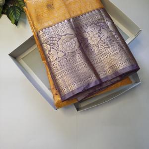 Semi Silk Saree in Mustard Gold with Micro Checks, Zari Buttis & Contrast Lavender Purple Border