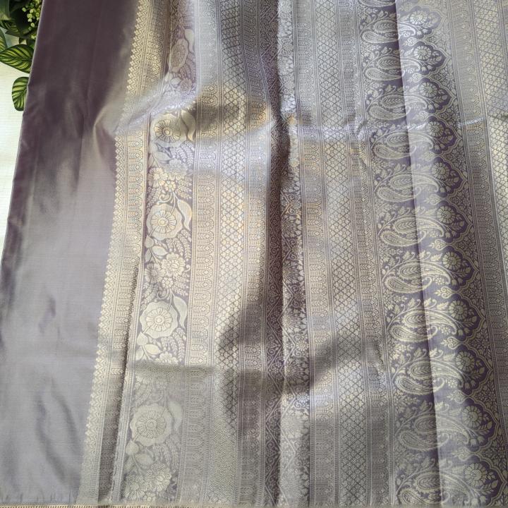Semi Silk Saree in Mustard Gold with Micro Checks, Zari Buttis & Contrast Lavender Purple Border