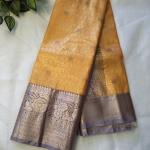 Semi Silk Saree in Mustard Gold with Micro Checks, Zari Buttis & Contrast Lavender Purple Border