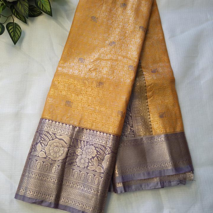 Semi Silk Saree in Mustard Gold with Micro Checks, Zari Buttis & Contrast Lavender Purple Border