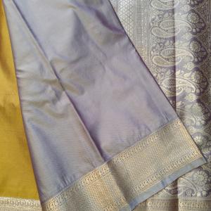 Semi Silk Saree in Mustard Gold with Micro Checks, Zari Buttis & Contrast Lavender Purple Border
