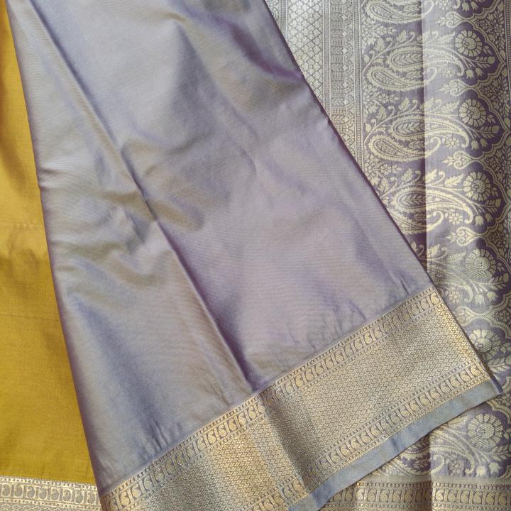 Semi Silk Saree in Mustard Gold with Micro Checks, Zari Buttis & Contrast Lavender Purple Border