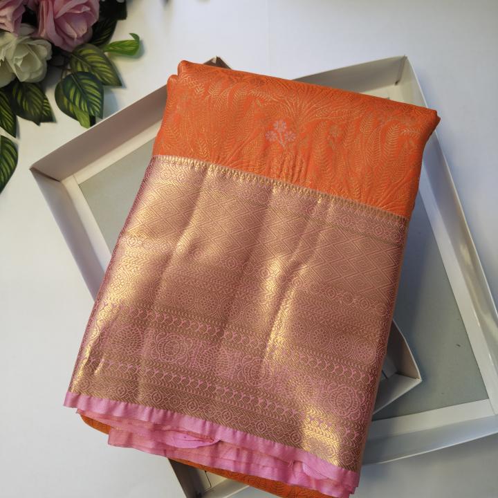 Semi Silk Saree in Tangerine Orange with All-Over Brocade Jaal & Contrast Baby Pink Zari Border