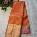 Semi Silk Saree in Tangerine Orange with All-Over Brocade Jaal & Contrast Baby Pink Zari Border