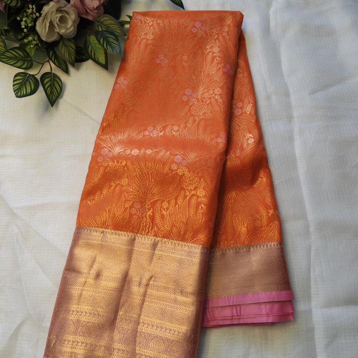 Semi Silk Saree in Tangerine Orange with All-Over Brocade Jaal & Contrast Baby Pink Zari Border