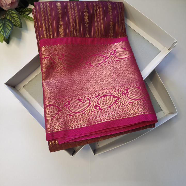 Semi Silk Saree in Maroon Wine with Gold Zari Vertical Stripes & Contrast Pink Peacock Border