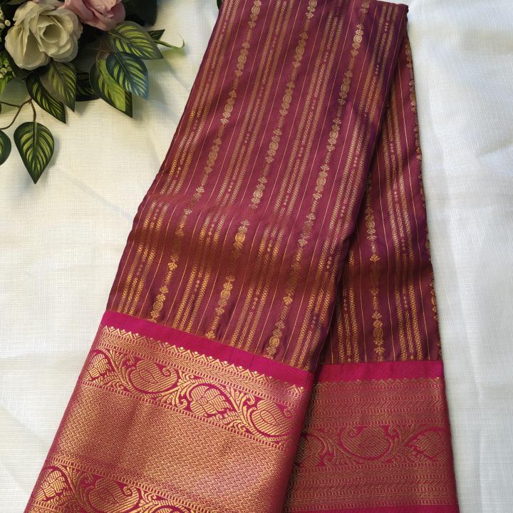 Semi Silk Saree in Maroon Wine with Gold Zari Vertical Stripes & Contrast Pink Peacock Border