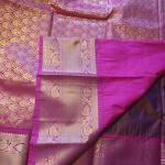 Semi Silk Saree in Maroon Wine with Gold Zari Vertical Stripes & Contrast Pink Peacock Border