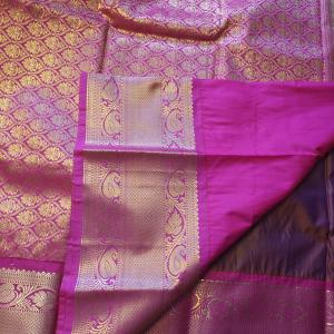 Semi Silk Saree in Maroon Wine with Gold Zari Vertical Stripes & Contrast Pink Peacock Border
