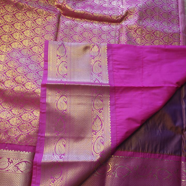 Semi Silk Saree in Maroon Wine with Gold Zari Vertical Stripes & Contrast Pink Peacock Border