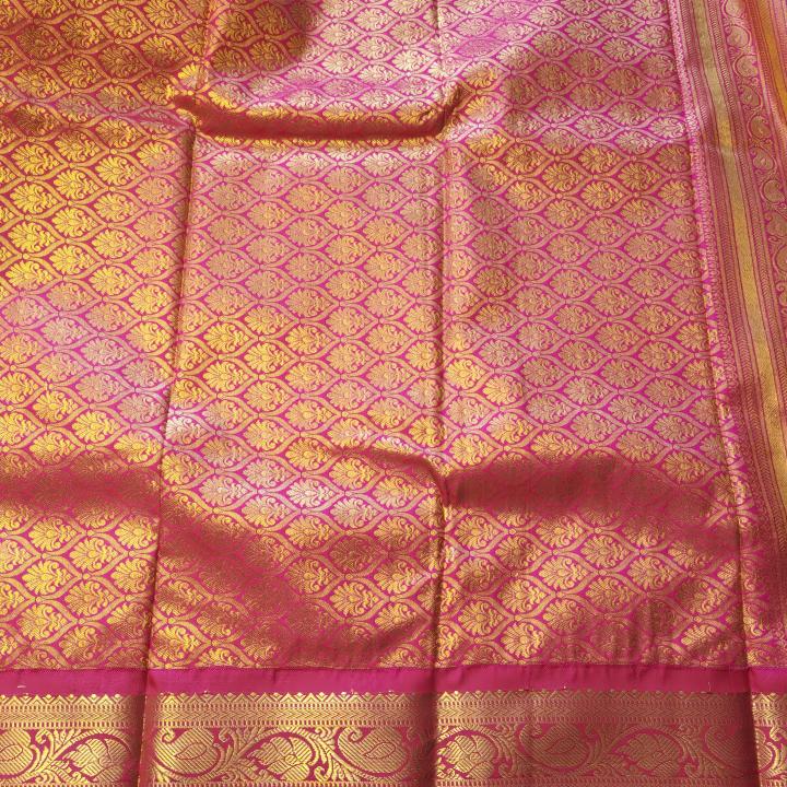 Semi Silk Saree in Maroon Wine with Gold Zari Vertical Stripes & Contrast Pink Peacock Border
