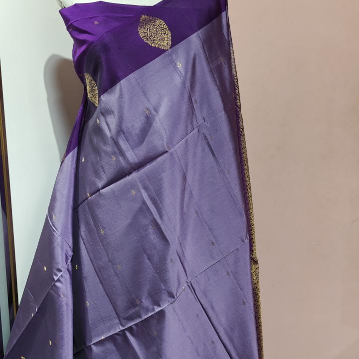 Soft Silk Saree in Lavender & Deep Purple with Gold Zari Buttis & Leaf Motifs