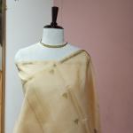 Soft Silk Saree in Cream Beige with Gold Zari Pinstripes & Triangular Motifs