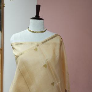 Soft Silk Saree in Cream Beige with Gold Zari Pinstripes & Triangular Motifs