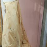 Soft Silk Saree in Cream Beige with Gold Zari Pinstripes & Triangular Motifs