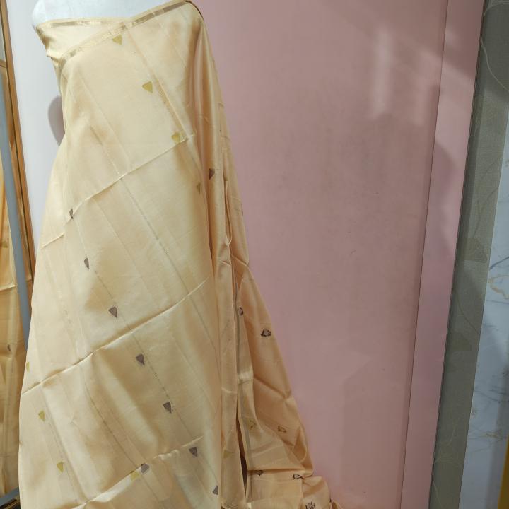 Soft Silk Saree in Cream Beige with Gold Zari Pinstripes & Triangular Motifs