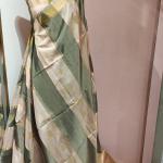 Soft Silk Saree in Soft Peach Pink & Olive Grey with Geometric Block Weave & Circular Zari Motifs