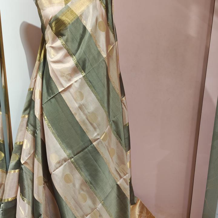Soft Silk Saree in Soft Peach Pink & Olive Grey with Geometric Block Weave & Circular Zari Motifs