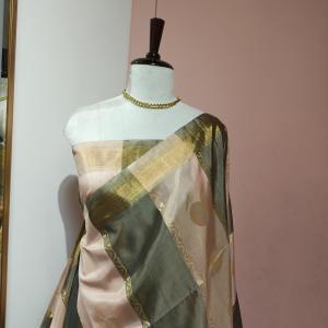 Soft Silk Saree in Soft Peach Pink & Olive Grey with Geometric Block Weave & Circular Zari Motifs
