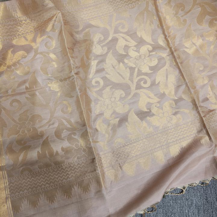 Soft Silk Saree in Soft Peach Pink & Olive Grey with Geometric Block Weave & Circular Zari Motifs