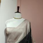 Soft Silk Saree in Charcoal Grey & Beige with Silver Zari Buttis & Temple Ikat Border