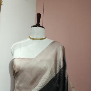 Soft Silk Saree in Charcoal Grey & Beige with Silver Zari Buttis & Temple Ikat Border