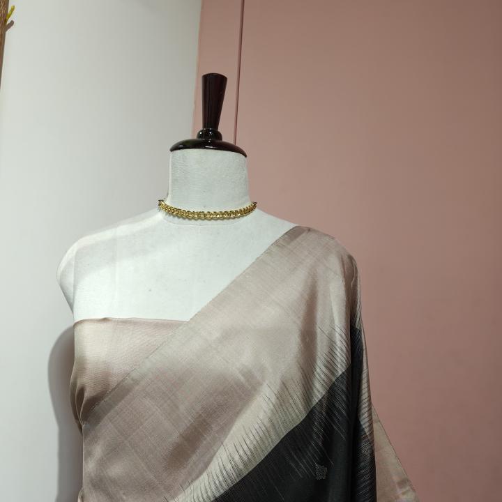 Soft Silk Saree in Charcoal Grey & Beige with Silver Zari Buttis & Temple Ikat Border