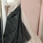 Soft Silk Saree in Charcoal Grey & Beige with Silver Zari Buttis & Temple Ikat Border