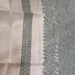 Soft Silk Saree in Charcoal Grey & Beige with Silver Zari Buttis & Temple Ikat Border