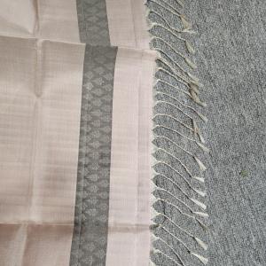 Soft Silk Saree in Charcoal Grey & Beige with Silver Zari Buttis & Temple Ikat Border