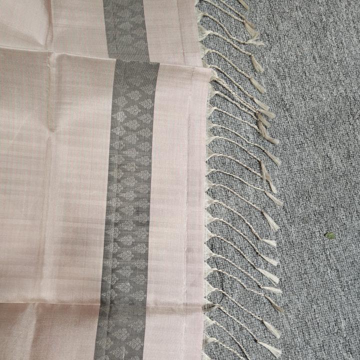 Soft Silk Saree in Charcoal Grey & Beige with Silver Zari Buttis & Temple Ikat Border