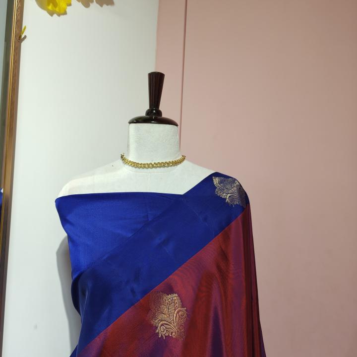 Soft Silk Saree in Wine Magenta & Royal Blue with Gold Zari Motifs & Brocade Pallu