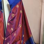 Soft Silk Saree in Wine Magenta & Royal Blue with Gold Zari Motifs & Brocade Pallu