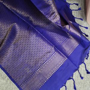 Soft Silk Saree in Wine Magenta & Royal Blue with Gold Zari Motifs & Brocade Pallu