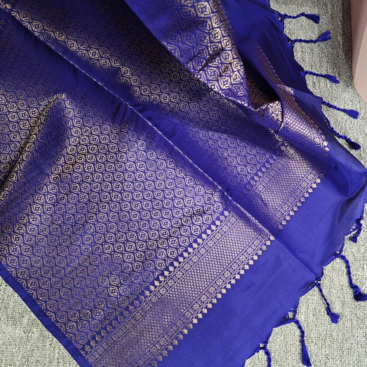 Soft Silk Saree in Wine Magenta & Royal Blue with Gold Zari Motifs & Brocade Pallu