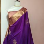 Soft Silk Saree in Royal Purple & Copper Rose Gold with Zari Motifs & Brocade Border