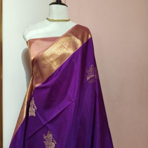 Soft Silk Saree in Royal Purple & Copper Rose Gold with Zari Motifs & Brocade Border