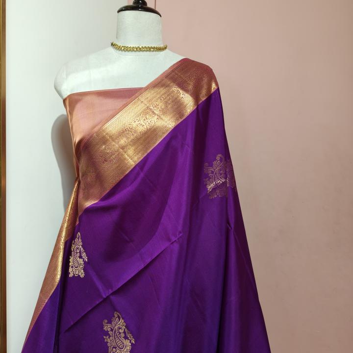 Soft Silk Saree in Royal Purple & Copper Rose Gold with Zari Motifs & Brocade Border