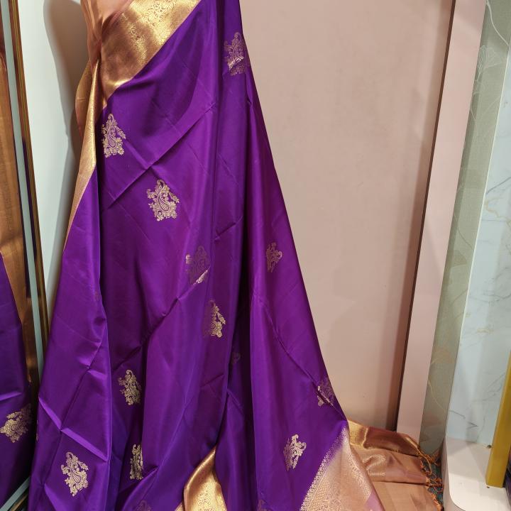 Soft Silk Saree in Royal Purple & Copper Rose Gold with Zari Motifs & Brocade Border