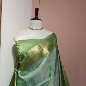 Soft Silk Saree in Dual-Tone Mint & Leaf Green with Gold Zari Stripes & Brocade Border