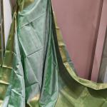 Soft Silk Saree in Dual-Tone Mint & Leaf Green with Gold Zari Stripes & Brocade Border