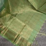 Soft Silk Saree in Dual-Tone Mint & Leaf Green with Gold Zari Stripes & Brocade Border
